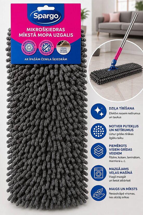 Spargo Soft Mop mikrošķiedras mopa uzlika ar šenila šķiedrām – pelēka