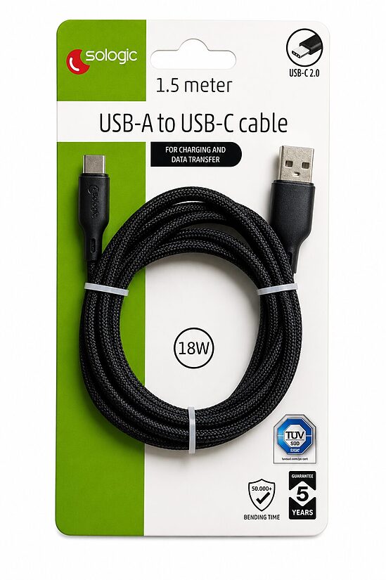 Sologic USB-A uz C-Type uzlādes un datu kabelis, 1,5 m, 18 W melns