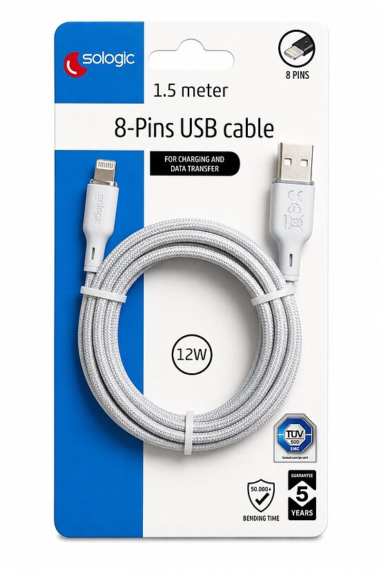 Sologic 8-Pin USB-A uz Lightning uzlādes un datu kabelis, 1,5 m, 12 W, gaiši pelēks