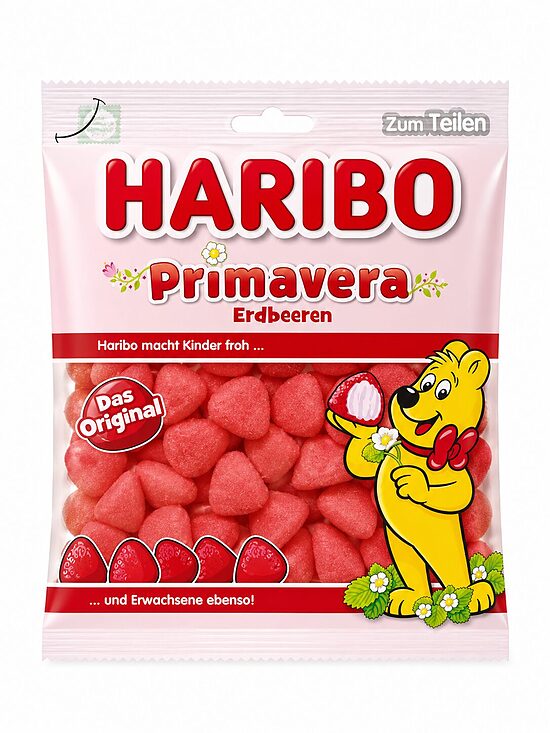 HARIBO Primavera Erdbeeren – zemeņu garšas putu konfektes, 175 g