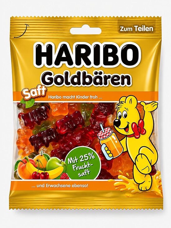 HARIBO Goldbären Saft – mīkstie želejlācīši ar 25% augļu sulu, 160 g