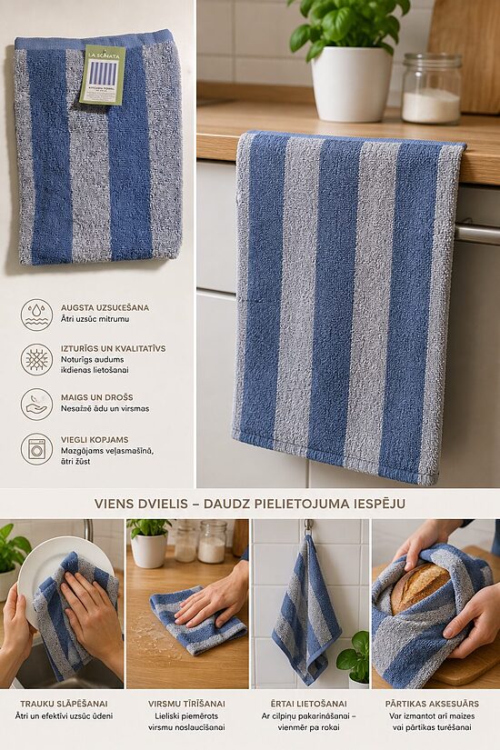 LA SONATA kokvilnas virtuves dvielis 50 × 50 cm – zils ar svitru rakstu