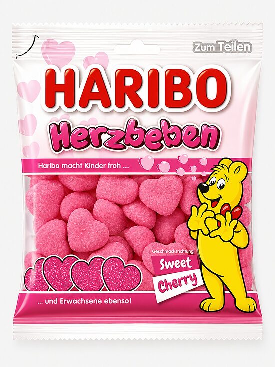 HARIBO Herzbeben Sweet Cherry – ķiršu garšas putu konfektes sirds formā, 160 g