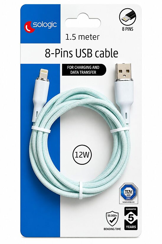 Sologic 8-Pin USB-A uz Lightning uzlādes un datu kabelis, 1,5 m, 12 W, gaiši zils