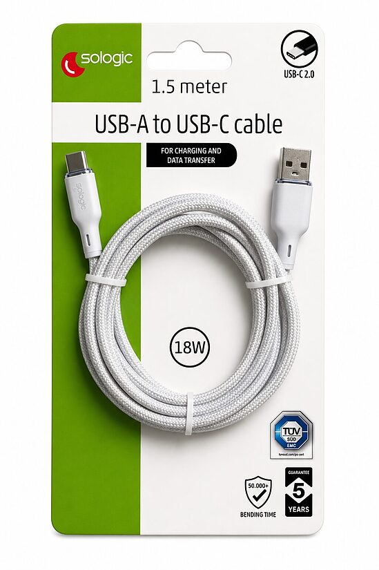 Sologic USB-A uz C-type uzlādes un datu kabelis, 1,5 m, 18 W, pelēks