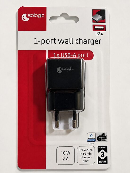 Sologic USB-A sienas lādētājs 10 W / 2 A, 1 ports, melns