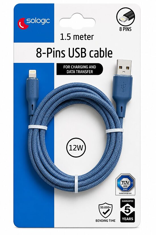 Sologic USB-A uz Lightning 8-Pin uzlādes un datu kabelis, 1,5 m, 12 W, zils