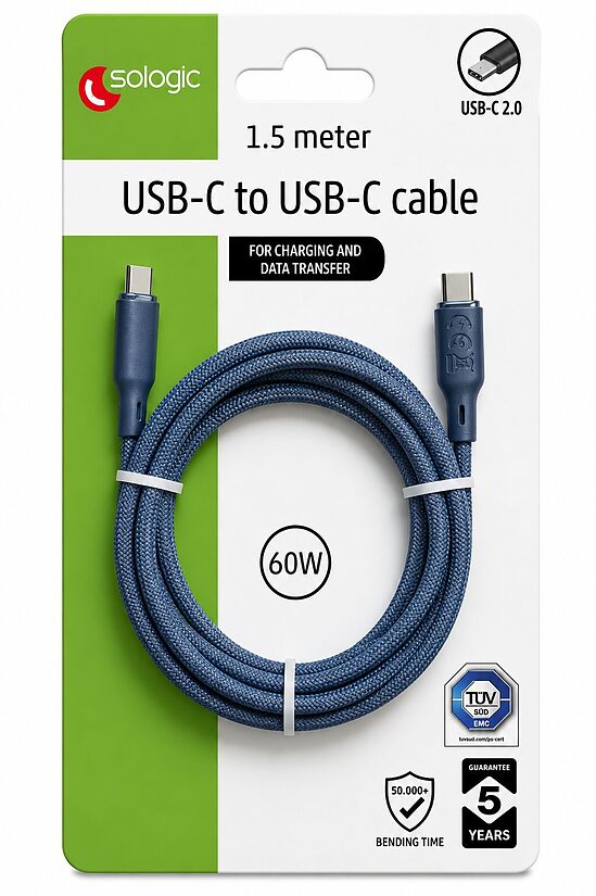 Sologic C-Type uz C-Type uzlādes un datu kabelis, 1,5 m, 60 W, zils