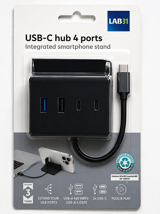 LAB31 USB-C centrmezgls ar 4 pieslēgvietām un integrētu viedtālruņa statīvu