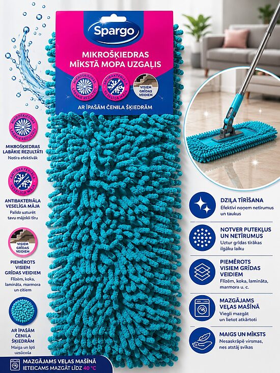 Spargo Soft Mop mikrošķiedras mopa uzlika ar šenila šķiedrām – zila