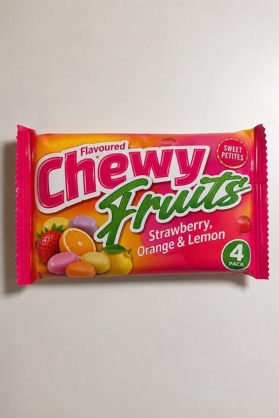 Chewy Fruits augļu garšas košļājamās konfektes – zemeņu, apelsīnu un citronu, 4 × 38 g