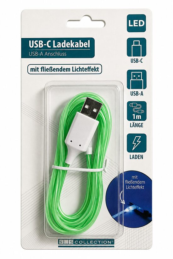 LED USB-A uz USB-C uzlādes kabelis ar plūstošas gaismas efektu, zaļš, 1 m