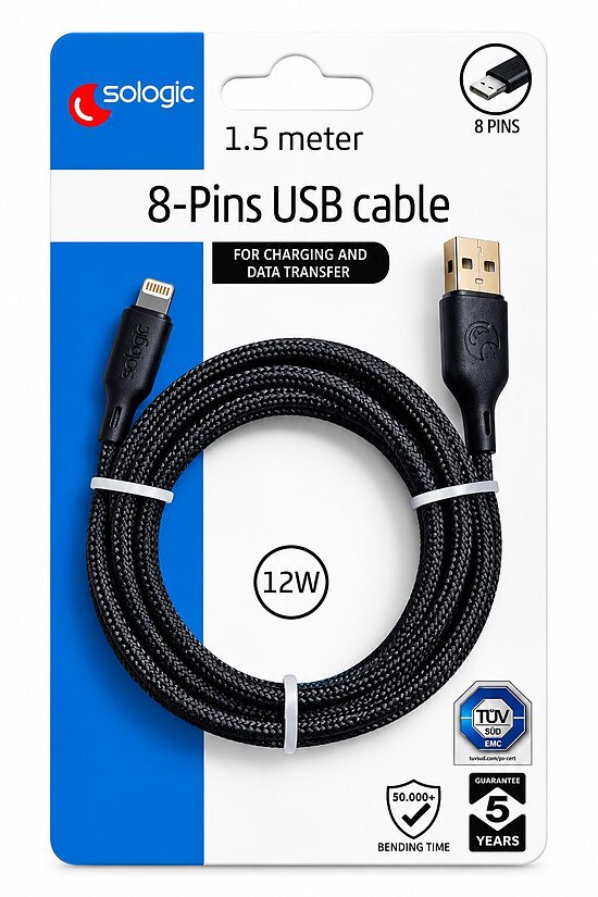 Sologic 8-Pin USB-A uz Lightning uzlādes un datu kabelis, 1,5 m, 12 W melns