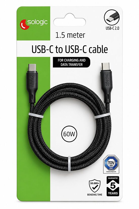 Sologic C-Type uz C-Type uzlādes un datu kabelis, 1,5 m, 60 W melns