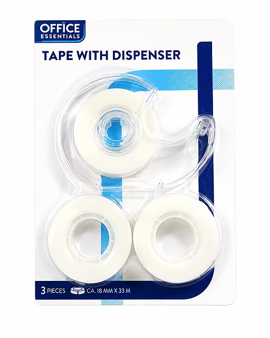 Office Essentials caurspīdīgā līmlente ar dozatoru – 3 ruļļi + 1 dozators